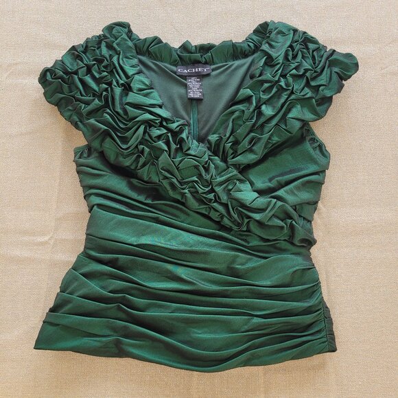 Cachet Tops - Emerald Green V Neck Sleeveless Ruched Top. Back Zipper. 6. Cachet.